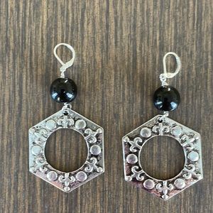 HAND CRAFTED EARRINGS Oversized Distressed Silvertone Hexagon Black Glass Beads